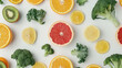Assorted fruits and veggies on a clean white background, perfect for food and nutrition concepts