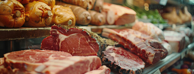 Poster - A display case filled with various cuts of meat. Perfect for butcher shop advertising