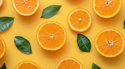 Poster - Fresh oranges with leaves on vibrant yellow background. Ideal for food and healthy lifestyle concepts