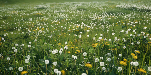 Poster - A beautiful field full of dandelions and colorful flowers, perfect for nature backgrounds