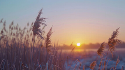Poster - A peaceful sunset over a field of tall grass. Suitable for nature and landscape themes