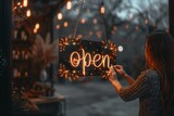 Fototapeta Londyn - Warm Welcome: The Glowing Open Sign of a Cozy Cafe Invites Patrons into a World of Rustic Charm and Hospitality, Generative AI