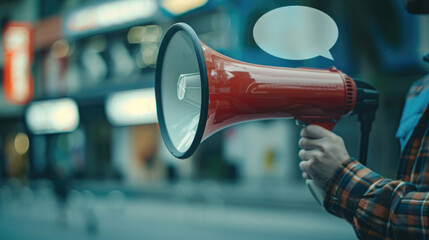Poster - A person holding a red and black megaphone. Suitable for promotional or protest concepts