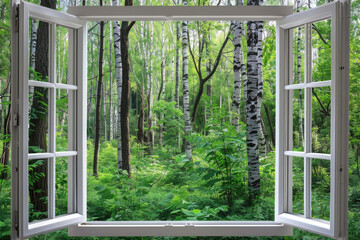 Poster - A view of a forest through an open window. Suitable for nature concepts