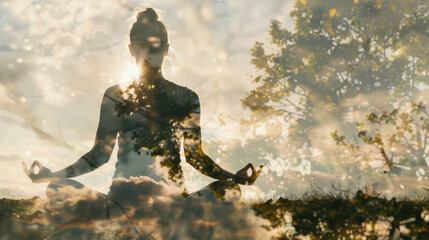 Poster - Woman practicing yoga in open field, suitable for wellness concepts