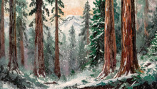 A Picturesque Portrayal Of Towering Redwood Pine Trees Amidst A Vast Snow-covered Forest, Rendered With Artistic Flair. The Majestic Pines Stand Tall Against The Wintry Backdrop, Their Branches Laden 