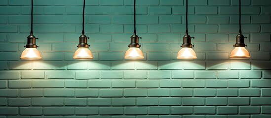 Poster - A row of metal light bulbs hanging from the ceiling illuminating a hardwood floor in front of a brick wall, creating symmetry in the room