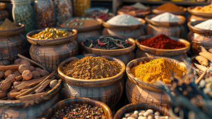 Aufkleber - Assorted spices displayed in baskets, ideal for food and cooking concepts