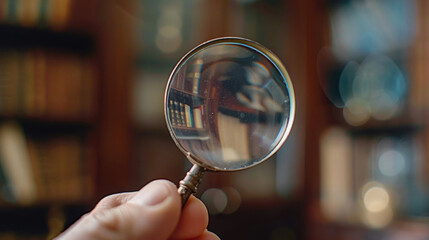 Poster - A hand holding a magnifying glass in front of a bookshelf. Perfect for educational or detective themed designs