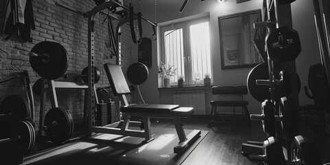 Poster - A monochrome image of a gym room, suitable for fitness and health-related projects
