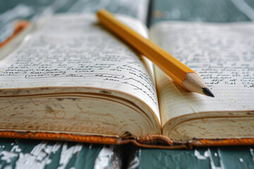 Poster - A pencil resting on top of an open book. Suitable for educational and creative concepts