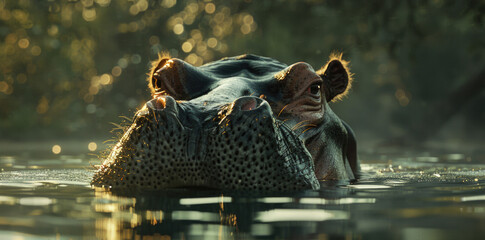 Aufkleber - A hippo is submerged in the water. Ideal for nature and wildlife concepts