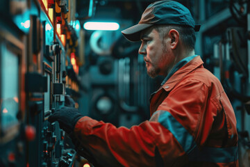 Aufkleber - A man in an orange jacket and hat working on a machine. Suitable for industrial and construction themes