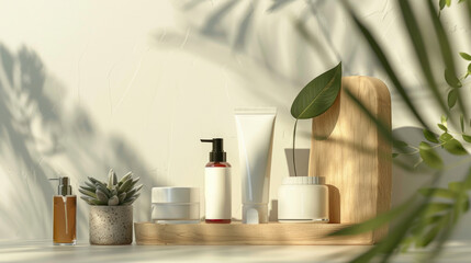 Poster - Various skin care products displayed on a shelf. Ideal for beauty and wellness concepts