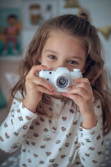 Aufkleber - Young girl capturing a moment with a camera, ideal for photography blogs and articles