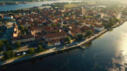 Poster - Aerial view of a city with a river, suitable for urban planning concepts