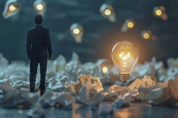 Aufkleber - A man standing among crumpled paper, suitable for business concepts
