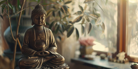 Poster - A statue of a person sitting in a meditation position. Suitable for wellness and relaxation concepts