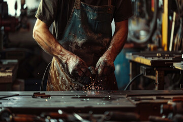 Poster - A man is seen working in a workshop with various tools. Ideal for illustrating craftsmanship and DIY projects