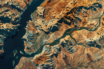 Poster - A stunning aerial view of a river winding through majestic mountains. Perfect for nature and travel concepts
