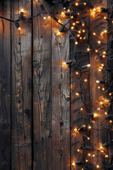 Aufkleber - A wooden wall adorned with twinkling lights, perfect for adding warmth and ambiance to any space
