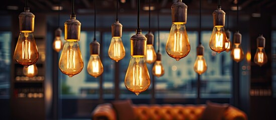 Poster - The room is illuminated by a bunch of ambertinted light bulbs hanging from the metal ceiling. A wood drink cart with glass bottles adds to the event ambiance