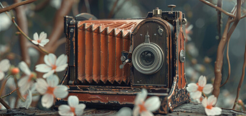 Aufkleber - An old camera resting on a tree branch, suitable for photography concepts
