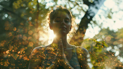 Canvas Print - A woman with her eyes closed standing in a forest. Suitable for nature and relaxation concepts