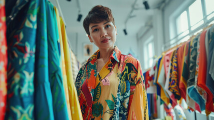 Poster - A woman standing in front of a rack of colorful shirts. Perfect for fashion and retail concepts