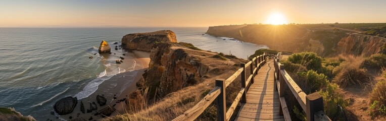 Wall Mural - A wooden walkway leads to the edge of an ocean cliff, overlooking beautiful coastal scenery at sunset in Algarve, Portugal Generative AI