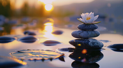 Poster - A flower sitting on a stack of rocks. Suitable for nature and outdoor themes.