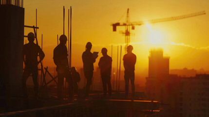 Poster - Group of construction workers standing on top of a building. Suitable for construction industry projects