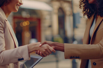 Sticker - Two women shaking hands in front of a building, suitable for business concepts