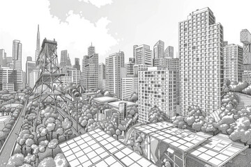 Poster - Detailed black and white drawing of a city, perfect for urban design projects