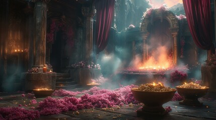 Leinwandbilder - a scene from beauty and the beast with pink flowers in the foreground and a lit fireplace in the background.