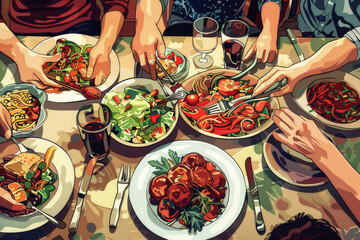 Canvas Print - A group of people sitting at a table with plates of food. Suitable for restaurant or family dinner concept