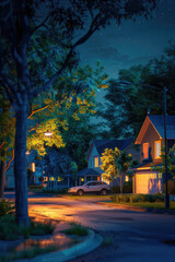 Leinwandbilder - A dark street at night with a parked car. Suitable for urban and transportation concepts