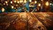 A wooden table adorned with twinkling lights. Perfect for holiday and celebration themes