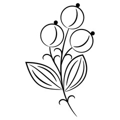 Wall Mural - Stylized branch with leaves and flowers or ripe fruits or berries. Merry floral design. Folk style. Black and white linear silhouette.