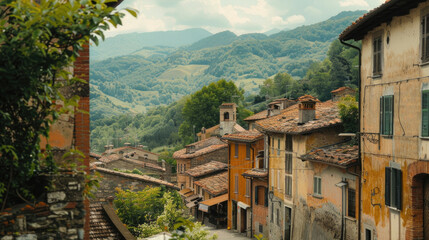 Aufkleber - A scenic view of a small town with majestic mountains in the background. Perfect for travel or landscape concepts