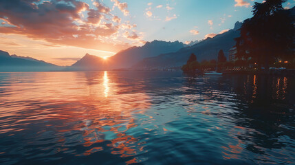 Aufkleber - Beautiful sunset over a serene lake with majestic mountains in the background. Perfect for nature and landscape themes