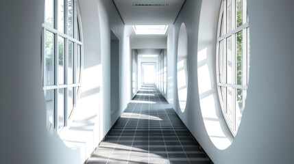 Poster - A long hallway with several windows and a tiled floor. Suitable for real estate or interior design concepts