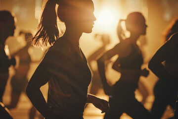 Poster - Group of women running in a dark room, suitable for fitness or horror themed projects