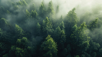Poster - A captivating aerial view of a foggy forest. Ideal for nature and landscape themes
