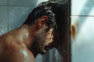 Poster - A man is taking a shower in the bathroom. Ideal for hygiene or personal care concepts
