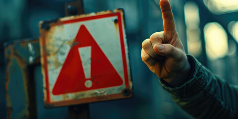 Aufkleber - A person pointing at a red and white sign, suitable for various concepts and designs
