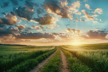 Aufkleber - A dirt road running through a lush green field. Suitable for nature and travel themes