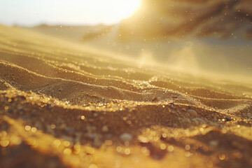 Poster - A close up of a sandy beach with a sun in the background. Perfect for travel brochures