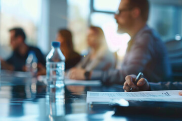 Poster - A group of people sitting around a conference table. Suitable for business and teamwork concepts
