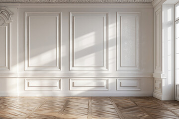 Aufkleber - A simple interior with a wooden floor and white walls. Suitable for various design concepts